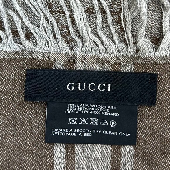 Gucci GG Grey and Brown Pattern Wool and Silk Scarf Shawl Wrap with Fox Fur Trim - Picture 8 of 10